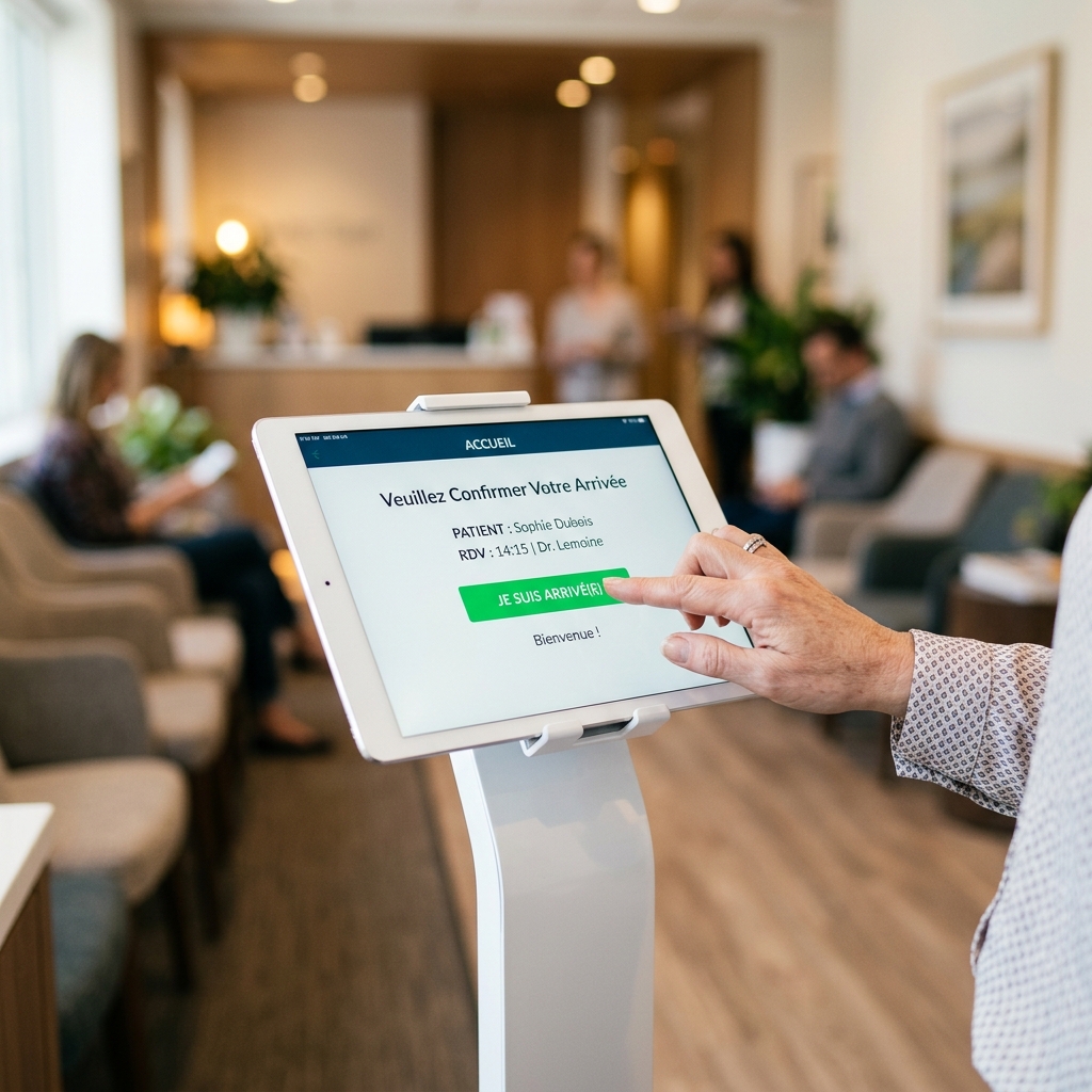 Patient touchant l'écran de la borne pour s'enregistrer