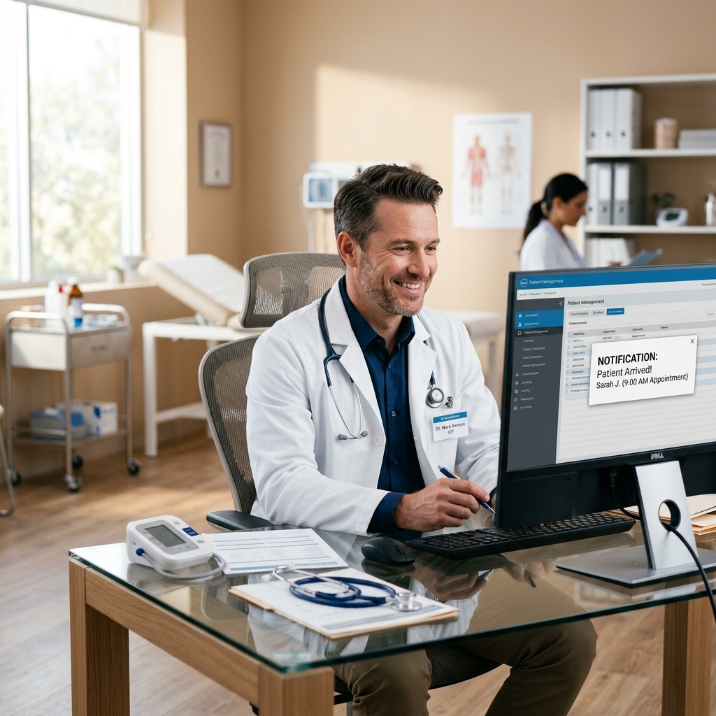 Médecin recevant une notification d'arrivée patient en temps réel