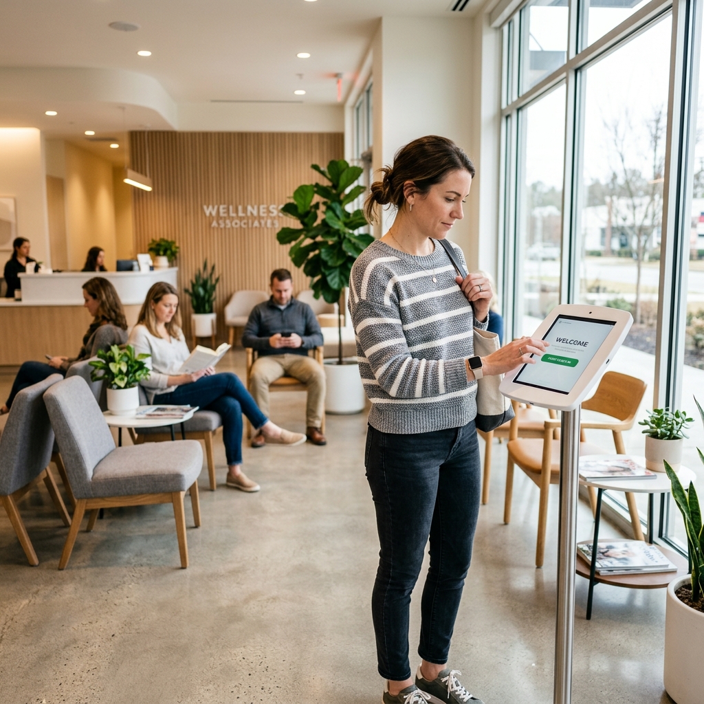 Patiente s'enregistrant sur la borne AccueilSanté dans une salle d'attente moderne