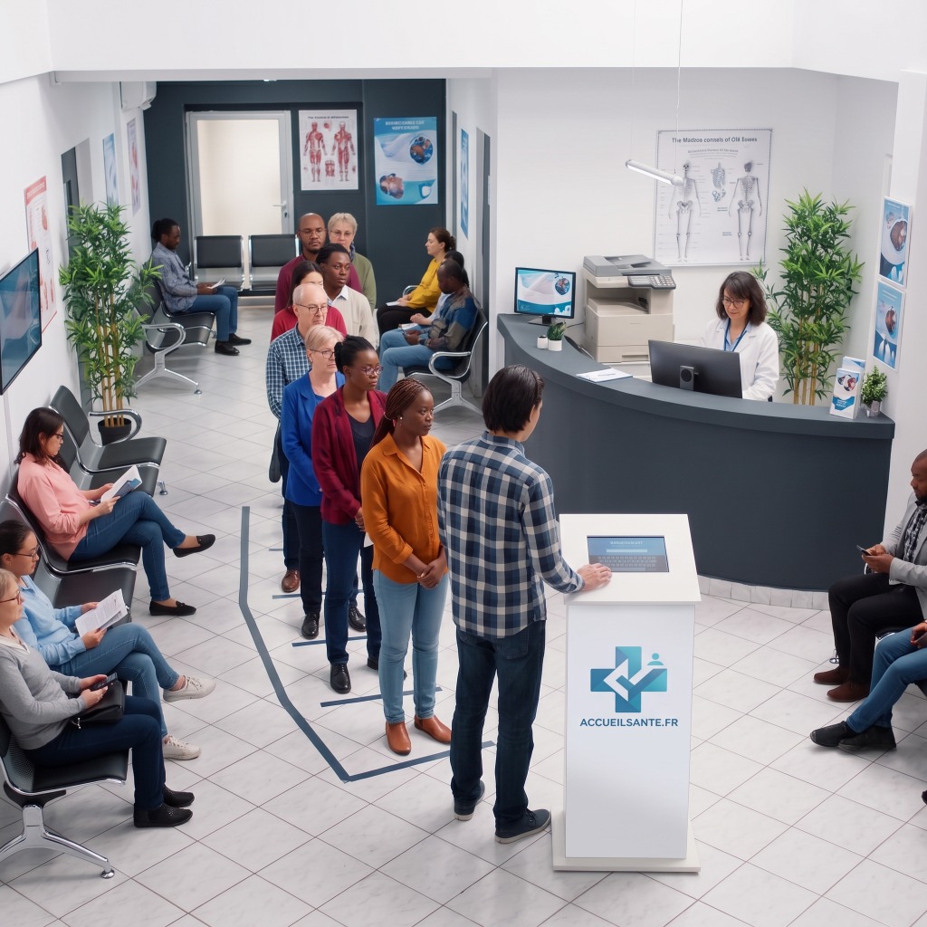 Salle d'attente moderne avec la borne AccueilSanté