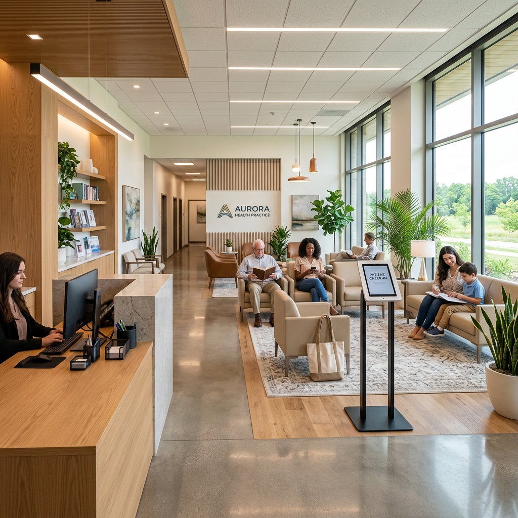 Salle d'attente moderne avec borne d'enregistrement